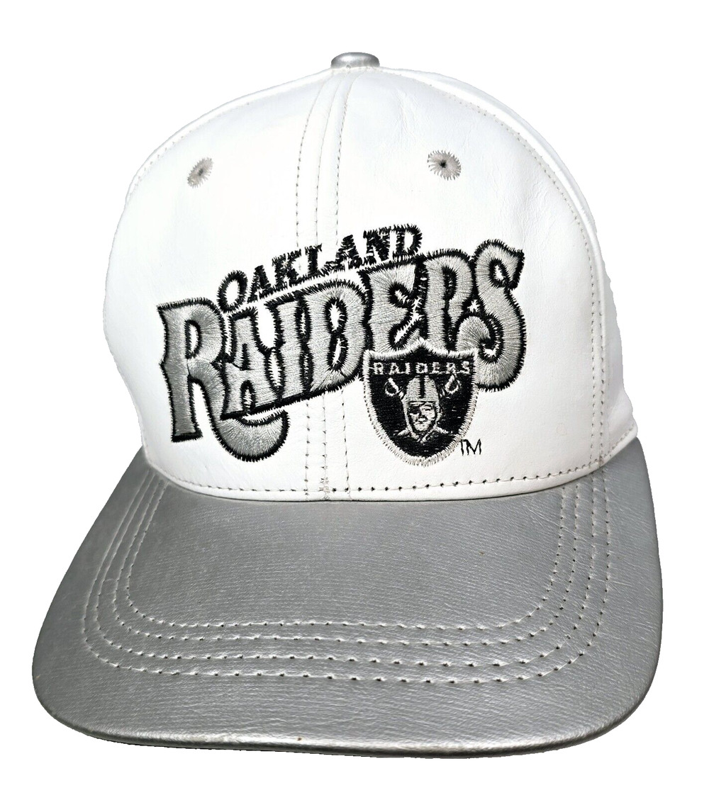 Vintage NFL Branded Oakland Raiders Leather Strapback Cap White, Silver, USA